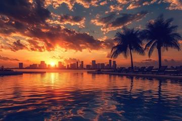 city skyline on the water at sunset with palm trees in the foreground