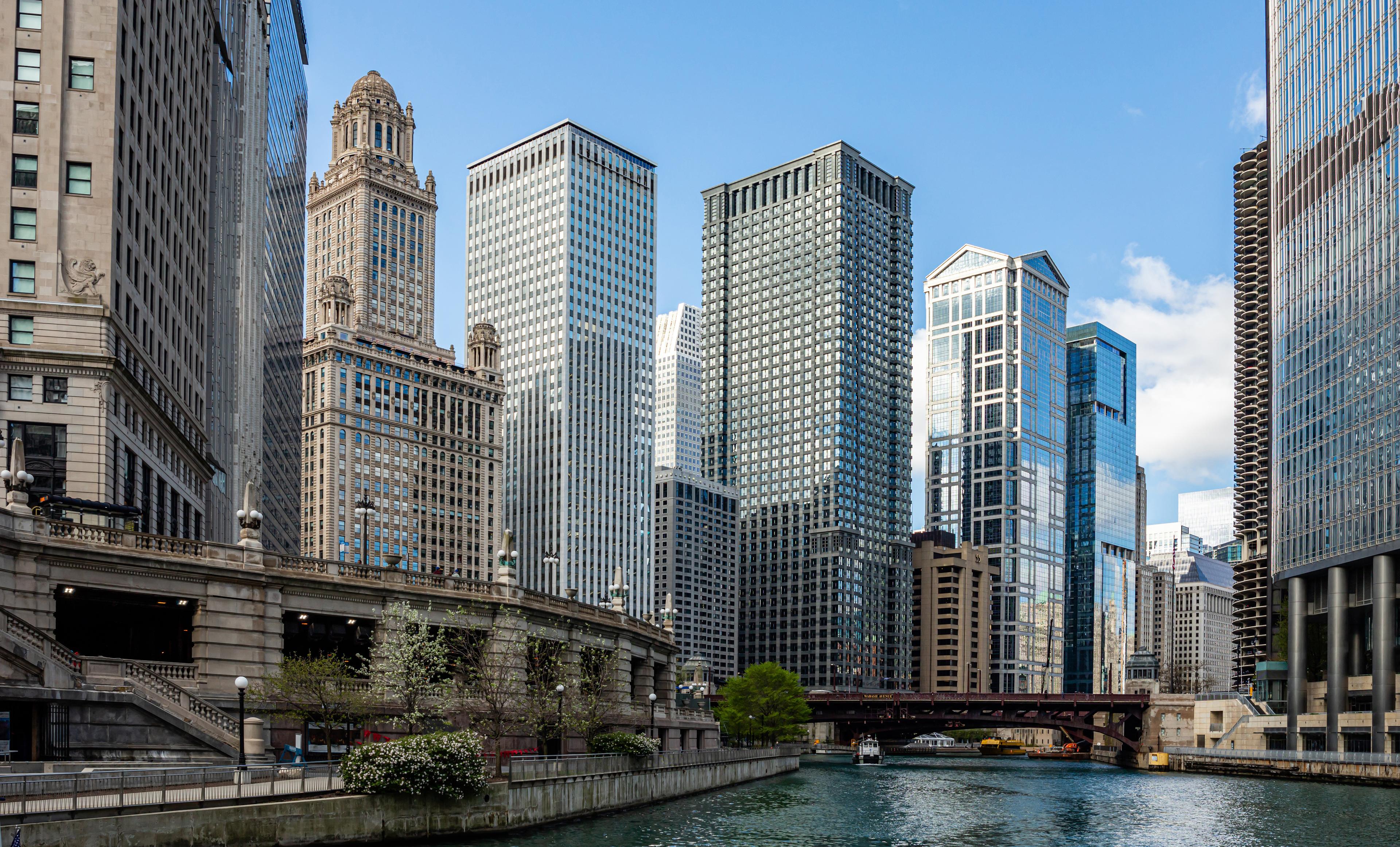 Chicago city skyscrapers along the river during the day