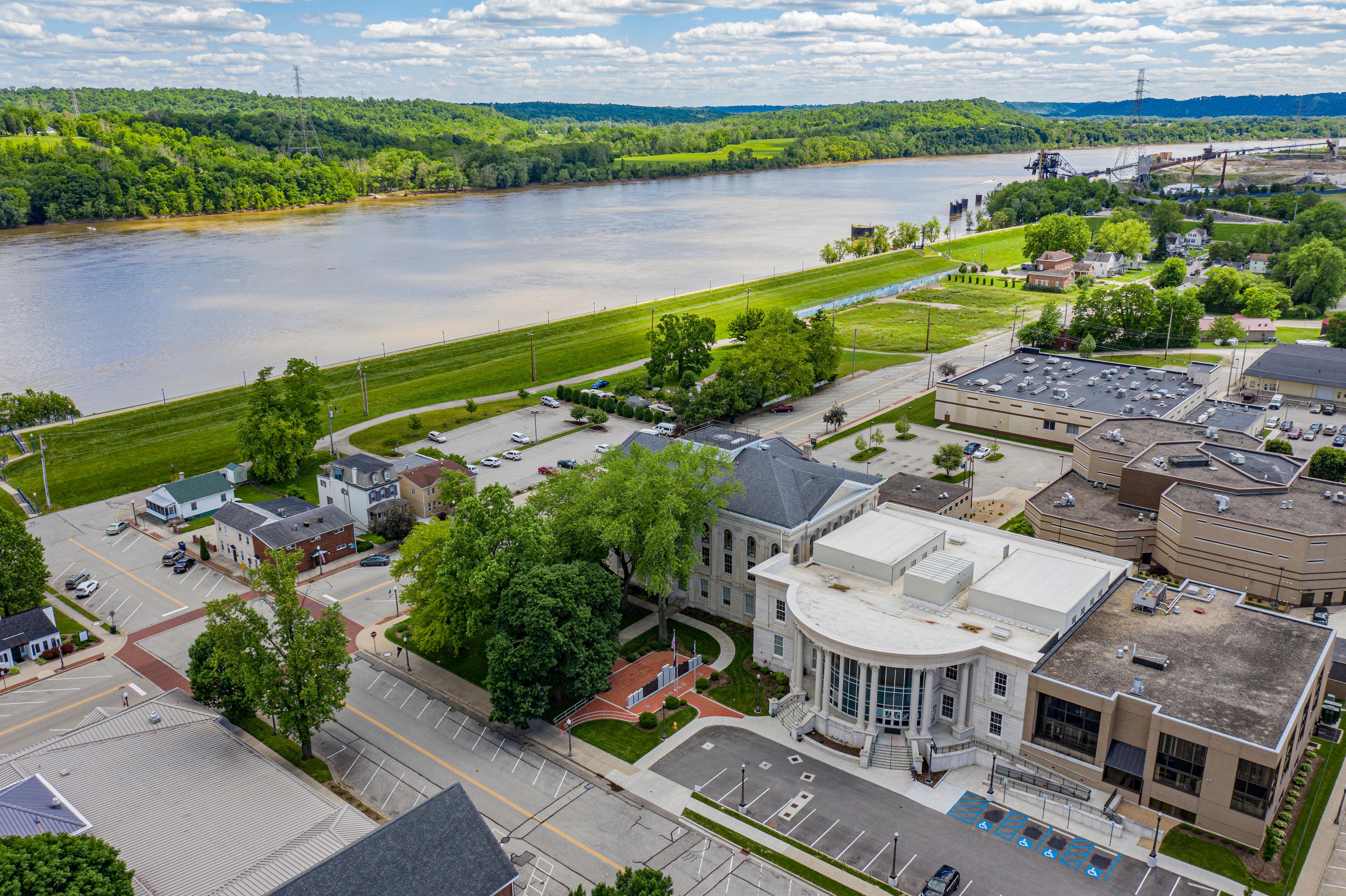 Aerial photo of Dearborn County Courthouse along a river