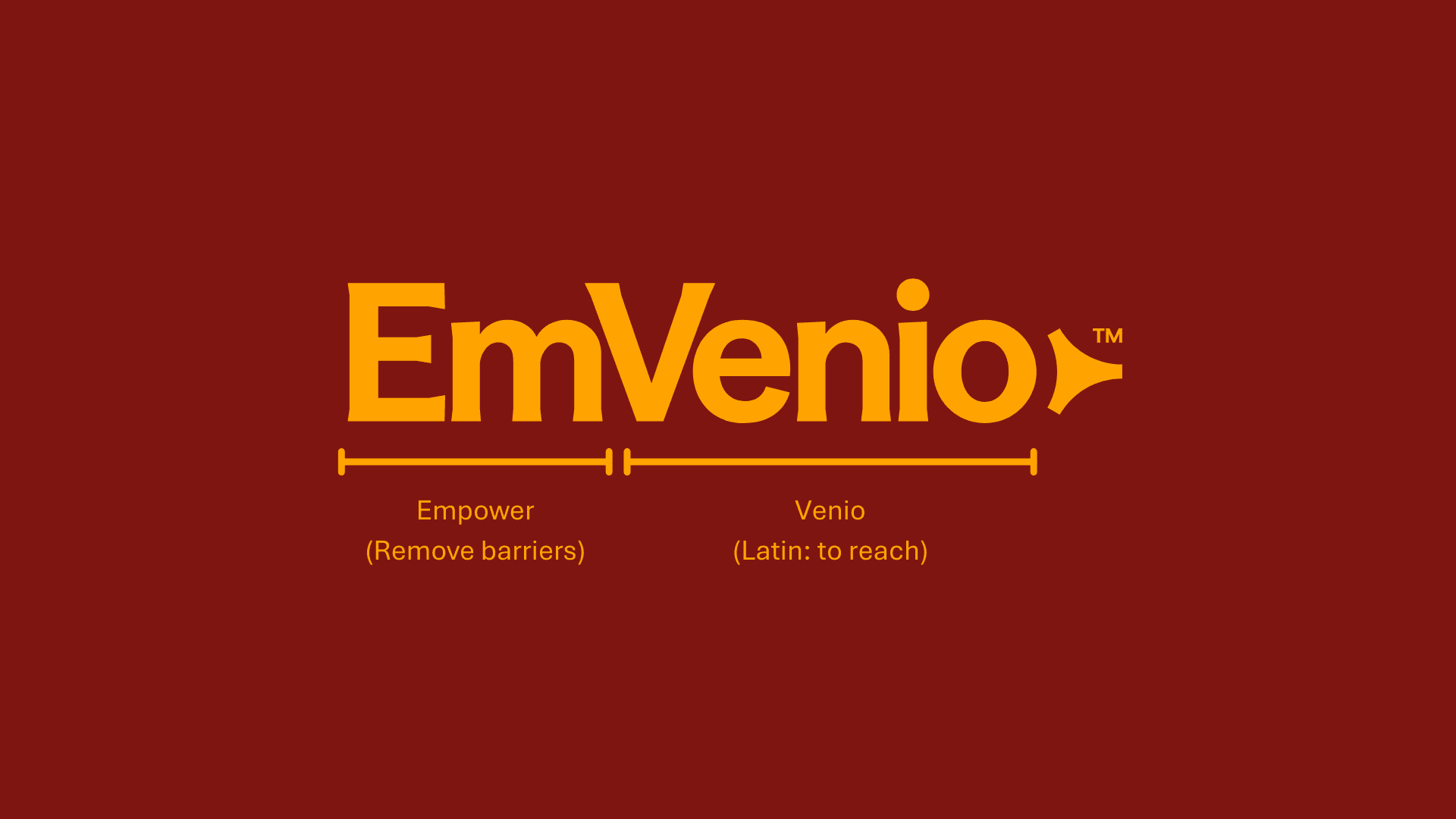 EmVenio logo showing the root word Em meaning empower or to remove barriers, and the suffix, Venio, meaning to reach